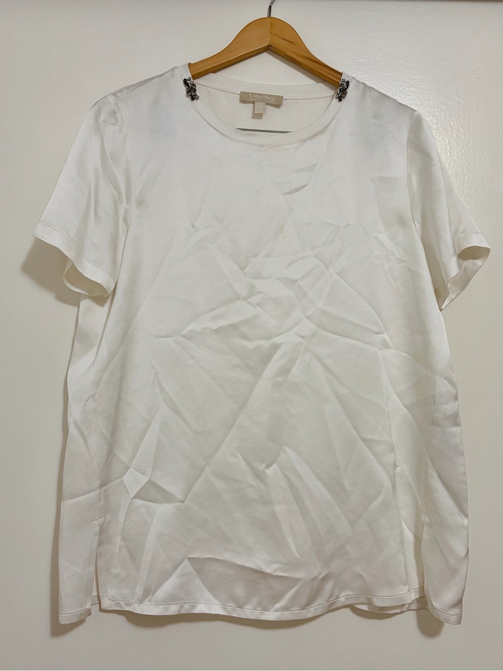 MaxMara Viscose Satin Short-Sleeve Top Delicate Crystal Detail Shoulder - Ivory